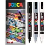Posca Water Based Permanent Marker Paint Pen - Multi Surface Use - PC-5BR Brush Nib - Pack of 3 Pens in Wallet (Black, Grey, White)