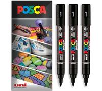 Posca Water Based Permanent Marker Paint Pen - Multi Surface Use - PC-5BR Brush Nib - Pack of 3 Pens in Wallet (Black)
