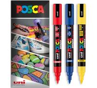 Posca Water Based Permanent Marker Paint Pen - Multi Surface Use - PC-5BR Brush Nib - Pack of 3 Pens in Wallet (Red, Yellow, Blue)