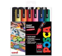 Posca Water Based Permanent Marker Paint Pen - Multi Surface Use - PC-5M 1.8-2.5mm Medium - Professional 12 Pen Set in Gift Wallet - Extra Black + White