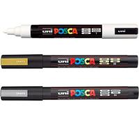 Posca Water Based Permanent Marker Paint Pen - Multi Surface Use - PC-5M, 1.8-2.5mm - White, Silver & Gold Ink - Pack of 3