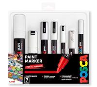 Posca Water Based Permanent Marker Paint Pen - Multi Surface Use - Set of 7 Pens - PC-1MR, PC-1M, PC-3M, PC-5M, PC-8K, PC-17K, PCF-350 - White Ink