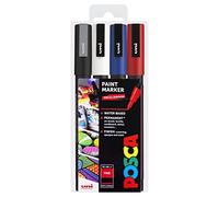 Posca Wtaer Based Permanent Marker Paint Pen - Multi Surface Use - PC-3M, 0.9-1.3mm Nib - Silver, White, Blue, & Red - Set of 4 Pens in Gift Wallet