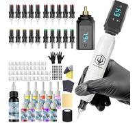 POSEIDON Cordless Rotary Tattoo Machine Kit with 20 Tattoo Cartridge Needles, Ink Set & 2 Rechargeable Batteries | Professional Portable Tattoo Pen Gun Set for Beginners | Complete Starter Supplies