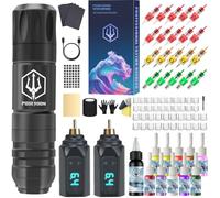 POSEIDON Cordless Rotary Tattoo Machine Kit with 20 Tattoo Cartridge Needles, Ink Set & 2 Rechargeable Batteries | Professional Portable Tattoo Gun for Beginners | Complete Starter Supplies(HM122)