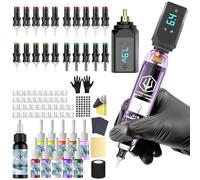 POSEIDON Cordless Rotary Tattoo Machine Kit with 20 Tattoo Cartridge Needles, Ink Set & 2 Rechargeable Batteries | Professional Portable Tattoo Gun for Beginners | Complete Starter Supplies