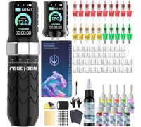 POSEIDON Cordless Tattoo Machine Kit with 7 Stroke Settings, Two 2300mAh Batteries, Normal/Dot Modes & LED Display - Professional Portable Tattoo Pen Gun Set for Beginners | Complete Starter Supplies