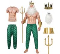 Poseidon Costume for Men, Neptune Sea God Kit with Trident for Halloween, Green, Large size