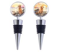 Poseidon Protect Stainless Steel & Silicone Wine Bottle Stopper Pair - Elegant Beverage Seal for Preservation, Ideal for Bar, Gifts, and Celebratory Occasions, Golden Retriever