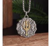 Poseidon Trident Two-Tone Vintage Necklace Greek Myth Jewelry For Men | Hammered trident coin pendant, hypoallergenic stainless steel, sea strength hip hop style, daily outdoor use, men gift