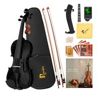 Poseidon Violin Set for Beginners Adult Student, 4/4 Violin Beginner w/Case, Extra Violin 4/4 Strings Set, Two Bows, Two Bridges, Two Rosins, Tuner, Manual - Black Polished