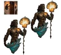 Poseidon Wall Lamp, Antique Bronze Poseidon Wall Sconce with 8 Inch Frosted Crystal Lantern, Vintage Ocean-Themed Night Light for Bedrooms, Living Room, Bathroom (Blue×2)