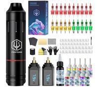 POSEIDON Wireless Rotary Tattoo Machine Kit with 20 Tattoo Cartridge Needles, Ink Set & 2 Rechargeable Batteries | Professional Portable Tattoo Gun for Beginners | Complete Starter Supplies