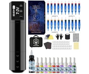 POSEIDON Wireless Rotary Tattoo Machine Kit with 20 Tattoo Cartridge Needles & Ink Set | Professional Portable Tattoo Gun for Beginners | Complete Starter Supplies (HM125）