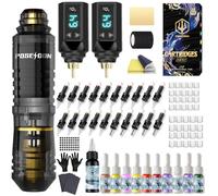POSEIDON Wireless Tattoo Gun Kit 2PCS Battery Machine Kit for Beginners | 2 x 1500mAh Battery, 20Pcs Cartridge Needles, 11 Colors Ink , Complete Tattoo Kit for Home & Studio Practice & Beginner