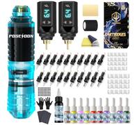Poseidon Wireless Tattoo Gun Set, Pen Set with 2 1500mAh Batteries, Tattoo Machine Kit with 20 Tattoo Cartridge Needles, 11 Tattoo Inks for Beginners
