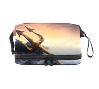 Poseidon's Trident on Sea Rocks Double Layer Cosmetic Bag for Women and Girls, Travel Toiletry Bag Makeup Handy Pouch Organiser Bag with Brush Compartment