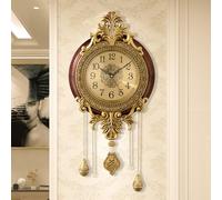 Poserion Large Retro Wall Clock with Swinging Pendulum Royal Line Silent High-end Luxury Metal Wood Mid Century Vintage Style Clock