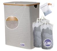 Posh Box® Luxury Herringbone XL 150L Large Triple Laundry Basket With Lid- FREE Wash Bag, 3 Section Laundry Basket With Removable Bags- Storage Basket/Linen Basket-Beige/Grey/Cotton Mix