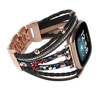 Posh Leather Bands Compatible with Fitbit Versa 3/Fitbit Sense, Women Boho Stylish Multilayer Wrap Bracelets Wristband, Handmade Adjustable Jewelry Strap for Sense/Versa 3 Smart Watch (Black Flower)