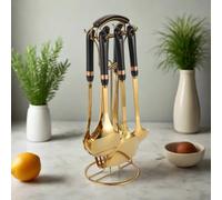 Posh Luxe 7-Piece Black and Gold Ceramic Kitchen Utensil Set with Stainless Steel Handles and Carousel - Heat Resistant, Dishwasher Safe, and Hygienic Tool Rest Design