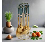 Posh Luxe Green Ceramic & Gold Utensil Set - 7-Piece Kitchen Tool Set with Carousel | Heat-Resistant, Dishwasher Safe, Hygienic Design