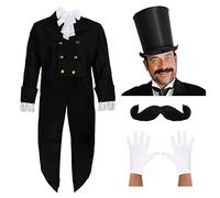 Posh Victorian Man Costume - Medium - Black Victorian Jacket, White Cravat, Satin Bell Top Hat, White Gloves and Moustache - Historical Fancy Dress Costume