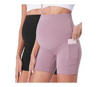 POSHDIVAH Maternity Shorts for Women Over Belly Biker Workout Yoga Active Summer Pregnancy Running Short Leggings 5", Black + Pink 5", XL
