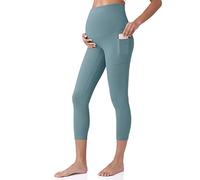 POSHDIVAH Women's Maternity Capri Leggings Over The Belly Pregnancy Workout Active Stretchy Pants with Pockets, Blue, M