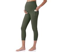 POSHDIVAH Women's Maternity Capri Leggings Over The Belly Pregnancy Workout Active Stretchy Pants with Pockets, Army Green, S