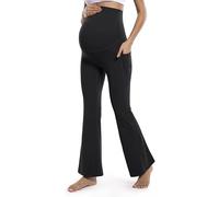POSHDIVAH Women's Maternity Flare Leggings Over The Belly Pregnancy Workout Active Yoga Lounge Bootcut Pants with Pockets, Black, Large