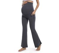 POSHDIVAH Women's Maternity Flare Leggings Over The Belly Pregnancy Workout Active Yoga Lounge Bootcut Pants with Pockets, Grey, M