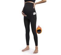 POSHDIVAH Women's Maternity Fleece Lined Leggings with Pockets Over The Belly Pregnancy Thermal Warm Winter Workout Pants, Black, Large