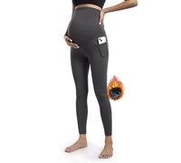 POSHDIVAH Women's Maternity Fleece Lined Leggings with Pockets Over The Belly Pregnancy Thermal Warm Winter Workout Pants, Grey, XXL