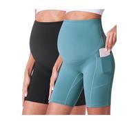 POSHDIVAH Women's Maternity Shorts Over The Belly Biker Yoga Active Pregnancy Workout Short Pants with Pockets 8", Black + Light Blue 8", M