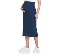 POSHDIVAH Women's Maternity Skirt Over The Belly Midi High Waisted Solid Stretchy Pregnancy Pencil Skirt, Navy Blue, Large