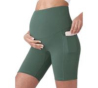 POSHDIVAH Women's Maternity Yoga Shorts Over The Belly Bump Summer Workout Running Active Short Pants with Pockets 5"/8", Crab Green 8", Medium