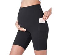 POSHDIVAH Women's Maternity Yoga Shorts Over The Belly Bump Summer Workout Running Active Short Pants with Pockets 5"/8", Black 5", L