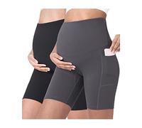 POSHDIVAH Women's Maternity Yoga Shorts Over The Belly Bump Summer Workout Running Active Short Pants with Pockets 5"/8", Black + Grey 8", Medium