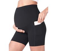 POSHDIVAH Women's Maternity Yoga Shorts Over The Belly Bump Summer Workout Running Active Short Pants with Pockets 5"/8", Black 5", L