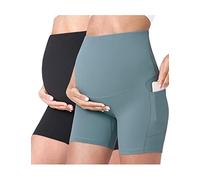 POSHDIVAH Women's Maternity Yoga Shorts Over The Belly Bump Summer Workout Running Active Short Pants with Pockets 5"/8", Black + Light Green 5", M