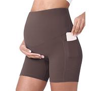 POSHDIVAH Women's Maternity Yoga Shorts Over The Belly Bump Summer Workout Running Active Short Pants with Pockets 5"/8", Dark Brown 5", L