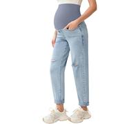 POSHGLAM Women's Maternity Jeans Over Belly Comfy Stretch 28'' Boyfriend Jeans Loose Pregnancy Pants, S-XXL, A10 Ripped Light Blue, XXL