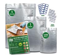 PoshMax Resealable Mylar Bags - Extra Thick Mylar Bags for Food Storage in 3 Sizes, Gallon, Quart and Small | Food Safe Mylar Ziplock Bag with Oxygen Absorbers for Food Storage 500cc | 100 Pack