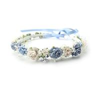 PoshMyra Dusty Blue Flower Girl Crown with Baby's Breath Children Baby Headpiece Young Girl Floral Hair Wreath Rustic Wedding Halo Hair Accessories Headband for Child(43cm length)