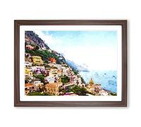 Positano On The Almalfi Coast In Italy Modern Art Framed Wall Art Print, Ready to Hang Picture for Living Room Bedroom Home Office Décor, Walnut A4 (34 x 25 cm)