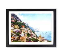 Positano On The Almalfi Coast In Italy Modern Art Framed Wall Art Print, Ready to Hang Picture for Living Room Bedroom Home Office Décor, Black A4 (34 x 25 cm)