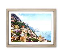 Positano On The Almalfi Coast In Italy Modern Art Framed Wall Art Print, Ready to Hang Picture for Living Room Bedroom Home Office Décor, Oak A3 (46 x 34 cm)