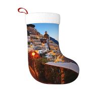 Positano Seaside Sunset Christmas Stocking Plush Hanging Decoration with Soft Flannel Cuff, Bag for Fireplace & Tree Decor