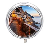Positano Seaside Sunset Pill Box 3 Compartment Round Small Pill Box for Pocket Purse Metal Travel Pill Case Portable Daily Pill Organizer Cute Compact Medicine Organizer Mini Pill Container